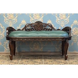 Банкетка резная PAB 21 из красного дерева (зелёная кожа)