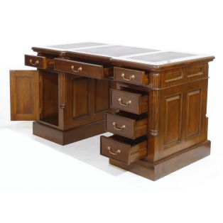 BPD 140 burgundy Стол письменный двухтумбовый, коричневая кожа